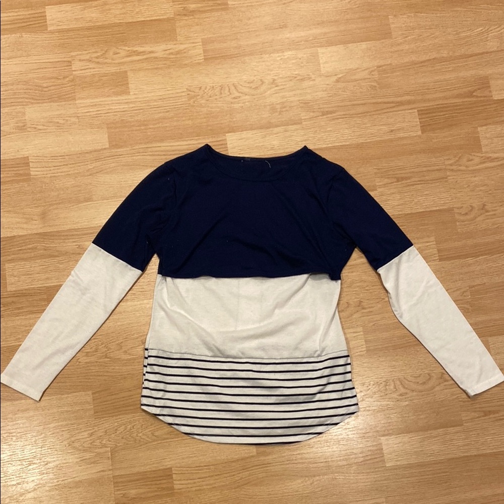 Navy and White Striped Long Sleeve Nursing Top, Size Large